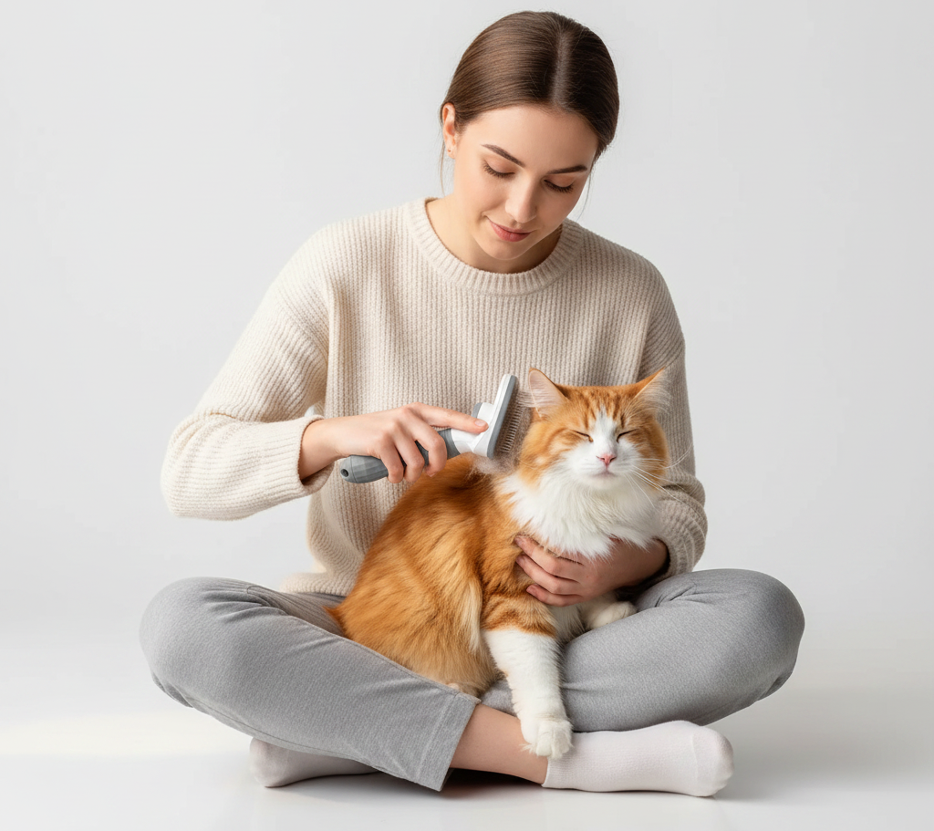 Woman Grooming Cat with Brush